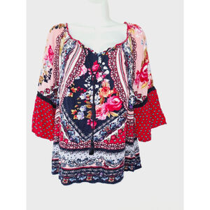 Bila Size M Red Floral women's bohemian hippie free spirit gypsy blouse top